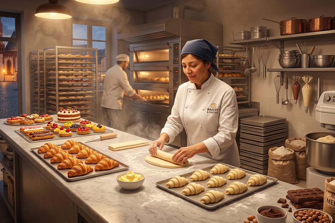 Konditorin formt Croissants auf einer Marmorarbeitsfläche in einer Bäckerei mit frischem Gebäck