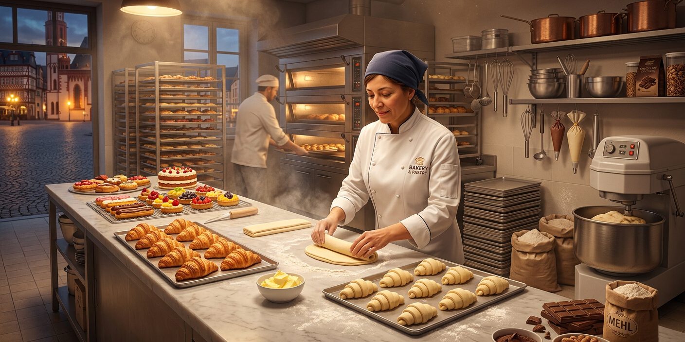 Konditorin formt Croissants auf einer Marmorarbeitsfläche in einer Bäckerei mit frischem Gebäck