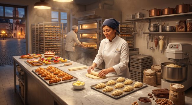 Konditorin formt Croissants auf einer Marmorarbeitsfläche in einer Bäckerei mit frischem Gebäck