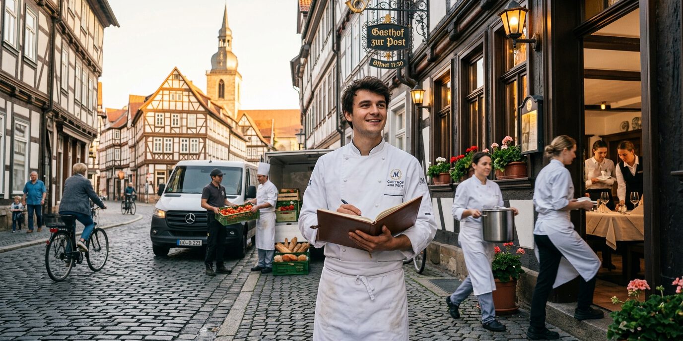 Koch mit Speisekarte steht vor einem Gasthof in einer Fachwerk-Altstadt, Kollegen tragen Speisen hinaus