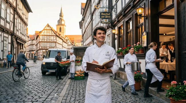 Koch mit Speisekarte steht vor einem Gasthof in einer Fachwerk-Altstadt, Kollegen tragen Speisen hinaus