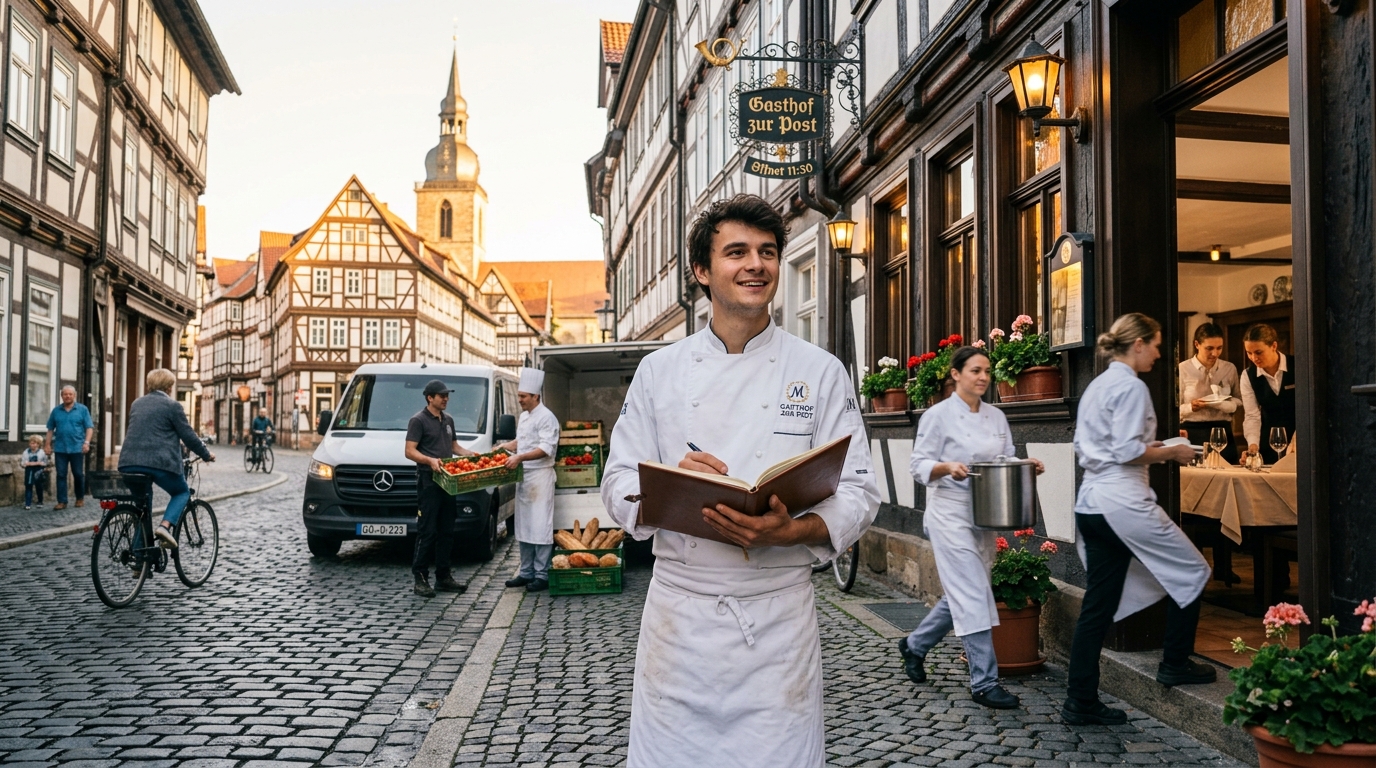 Koch mit Speisekarte steht vor einem Gasthof in einer Fachwerk-Altstadt, Kollegen tragen Speisen hinaus