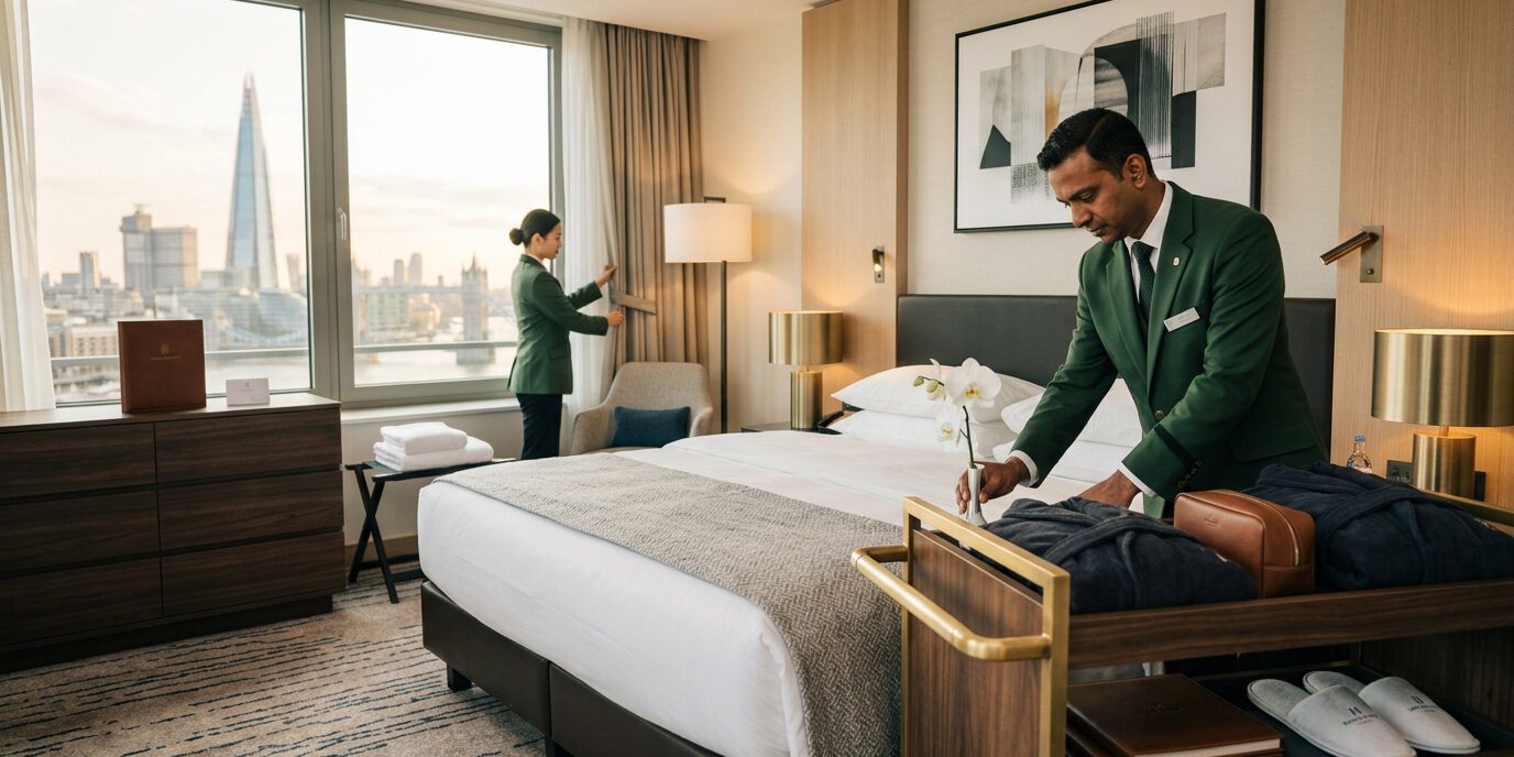 Butler packt den Koffer eines Gastes in einer Hotelsuite mit Blick auf die Londoner Skyline aus