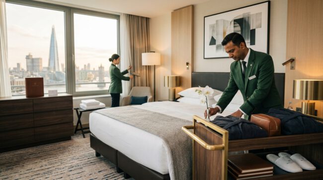 Butler packt den Koffer eines Gastes in einer Hotelsuite mit Blick auf die Londoner Skyline aus