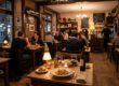 Gut besuchtes, rustikales Bistro mit Kerzenlicht, Holztischen und Weinregal