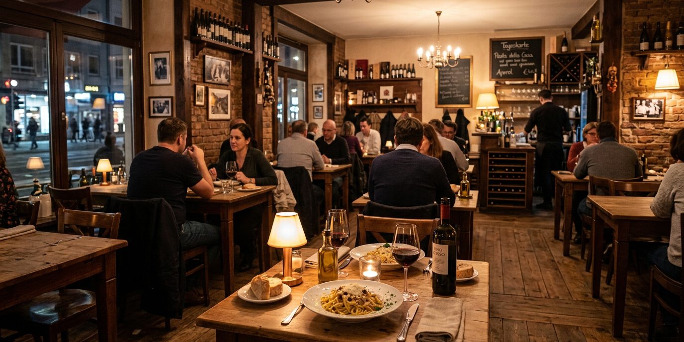 Gut besuchtes, rustikales Bistro mit Kerzenlicht, Holztischen und Weinregal