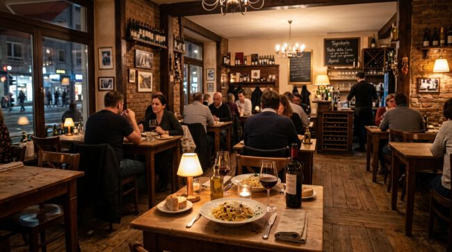 Gut besuchtes, rustikales Bistro mit Kerzenlicht, Holztischen und Weinregal