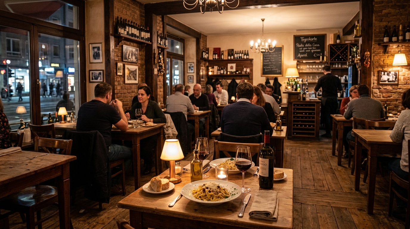 Gut besuchtes, rustikales Bistro mit Kerzenlicht, Holztischen und Weinregal