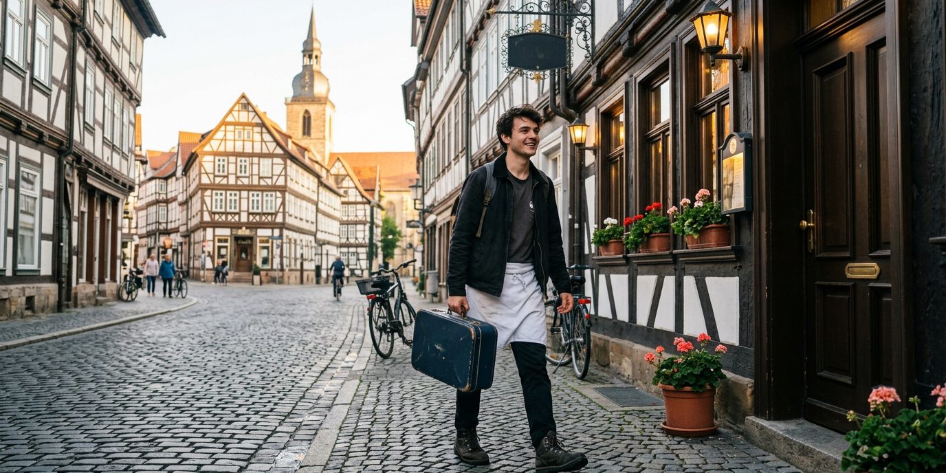Junger Koch mit Messerkoffer geht durch eine Fachwerk-Altstadt mit Kopfsteinpflaster