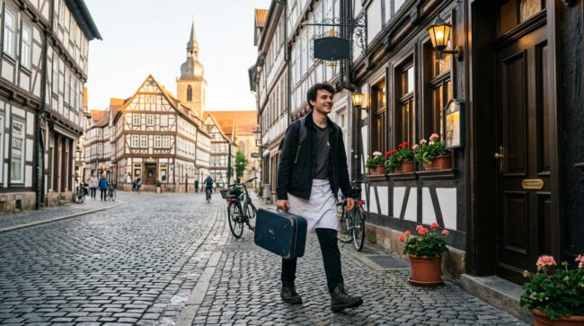 Junger Koch mit Messerkoffer geht durch eine Fachwerk-Altstadt mit Kopfsteinpflaster