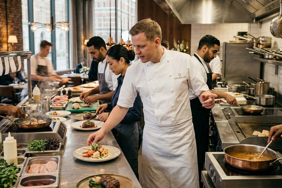 Küchenchef und Köche richten am Pass einer Restaurantküche Teller an