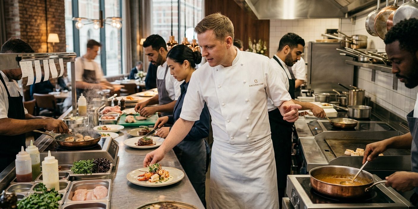 Küchenchef und Köche richten am Pass einer Restaurantküche Teller an