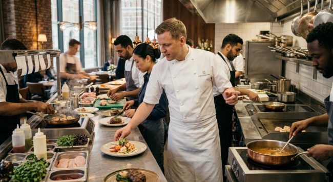 Küchenchef und Köche richten am Pass einer Restaurantküche Teller an