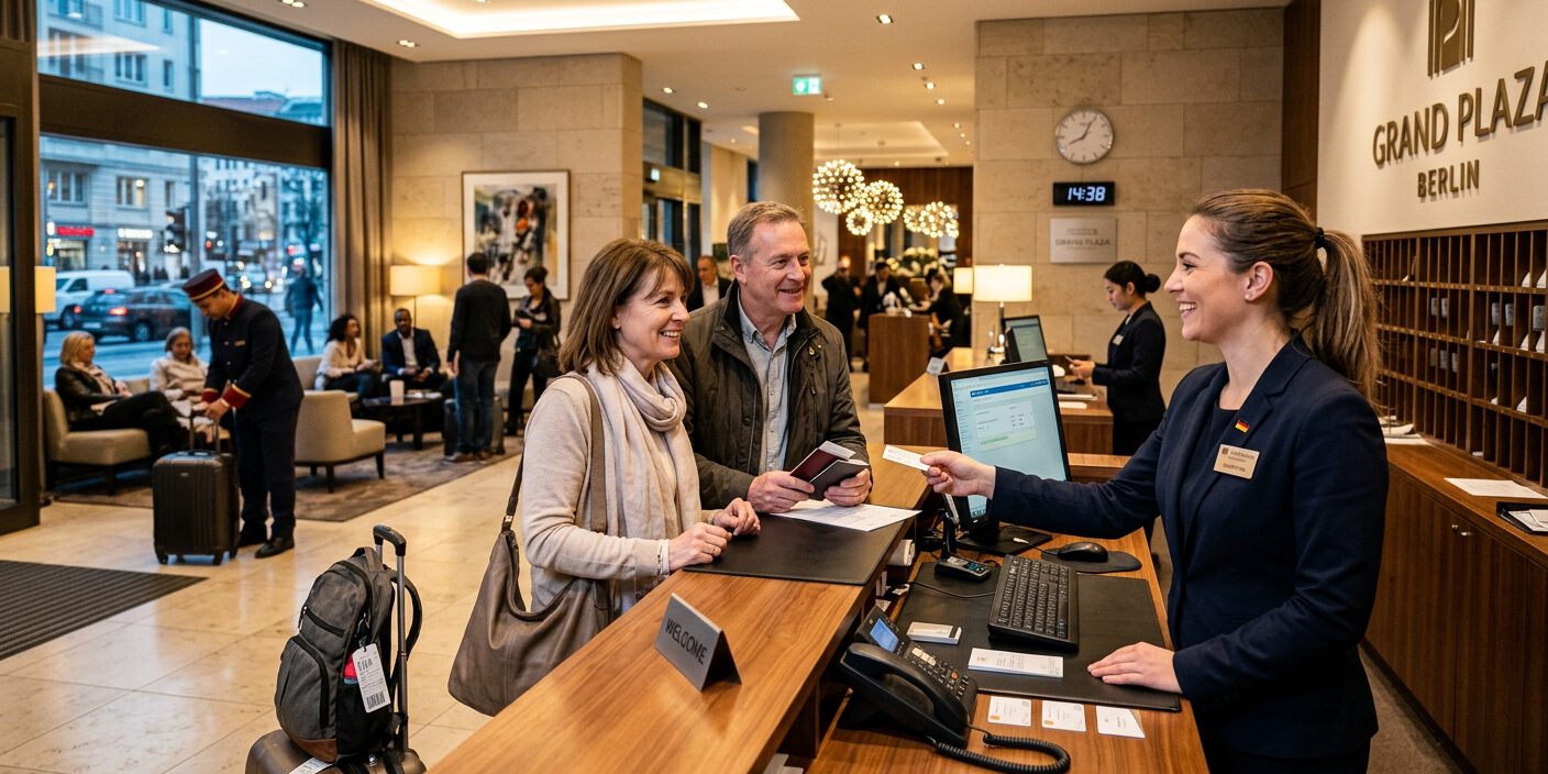 Rezeptionistin übergibt einem Paar die Zimmerkarte an der Rezeption eines Berliner Hotels