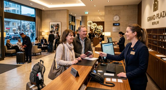 Rezeptionistin übergibt einem Paar die Zimmerkarte an der Rezeption eines Berliner Hotels