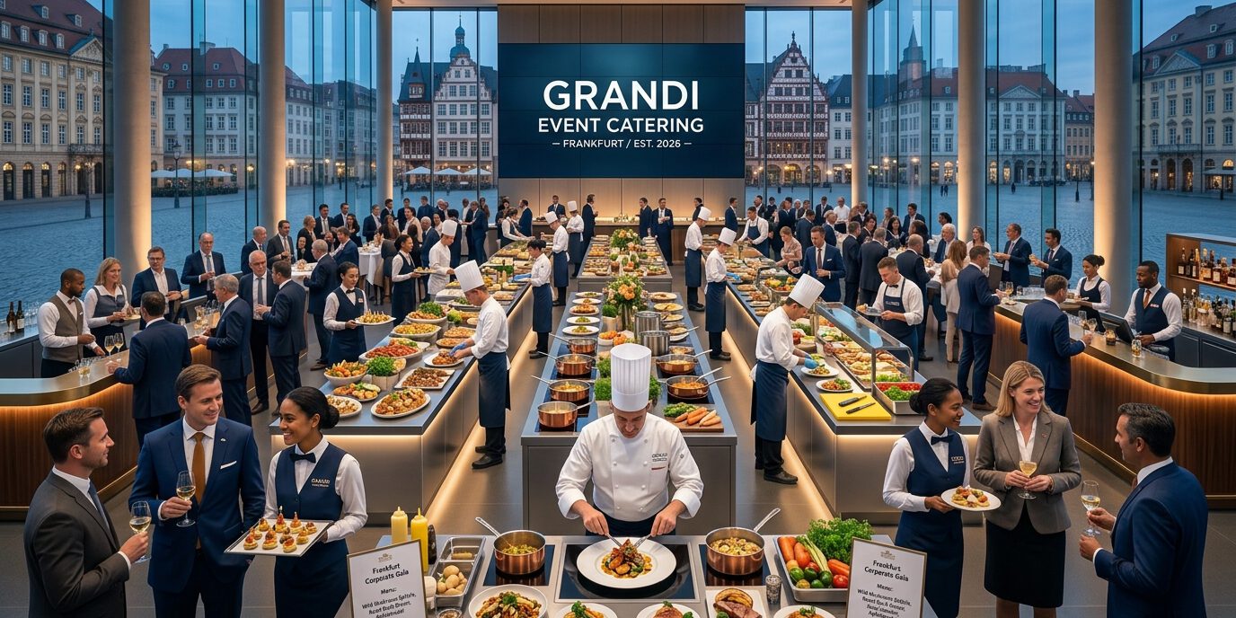 Küchenchef und Servicepersonal präsentieren ein großes Buffet bei einer Catering-Veranstaltung in einer Eventhalle