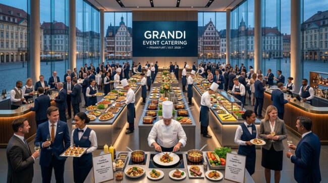 Küchenchef und Servicepersonal präsentieren ein großes Buffet bei einer Catering-Veranstaltung in einer Eventhalle