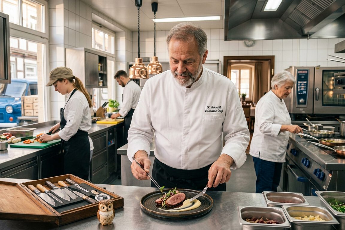 Küchenchef richtet ein Fleischgericht in einer professionellen Großküche an, Köche arbeiten im Hintergrund