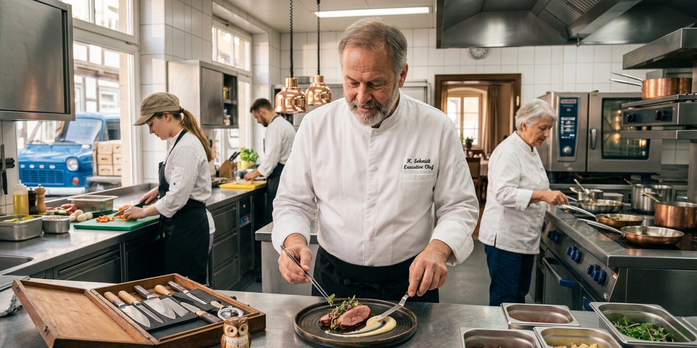 Küchenchef beim Anrichten eines Fleischgerichts Küchenchef richtet ein Fleischgericht in einer professionellen Großküche an, Köche arbeiten im Hintergrund