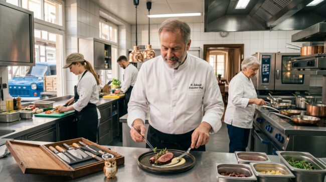 Küchenchef richtet ein Fleischgericht in einer professionellen Großküche an, Köche arbeiten im Hintergrund