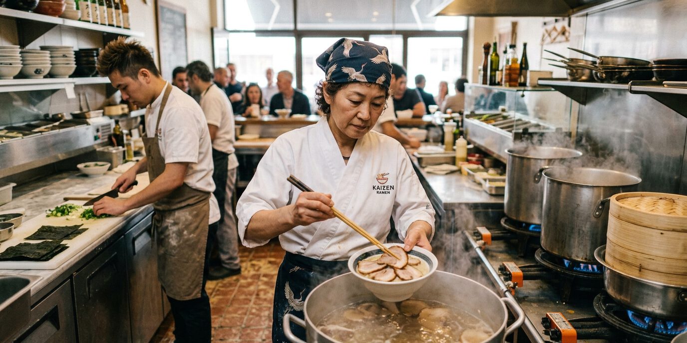 Köchin schöpft Suppe aus einem großen Topf in einer asiatischen Restaurantküche mit Dampfkörben
