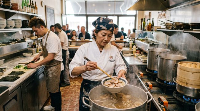 Köchin schöpft Suppe aus einem großen Topf in einer asiatischen Restaurantküche mit Dampfkörben